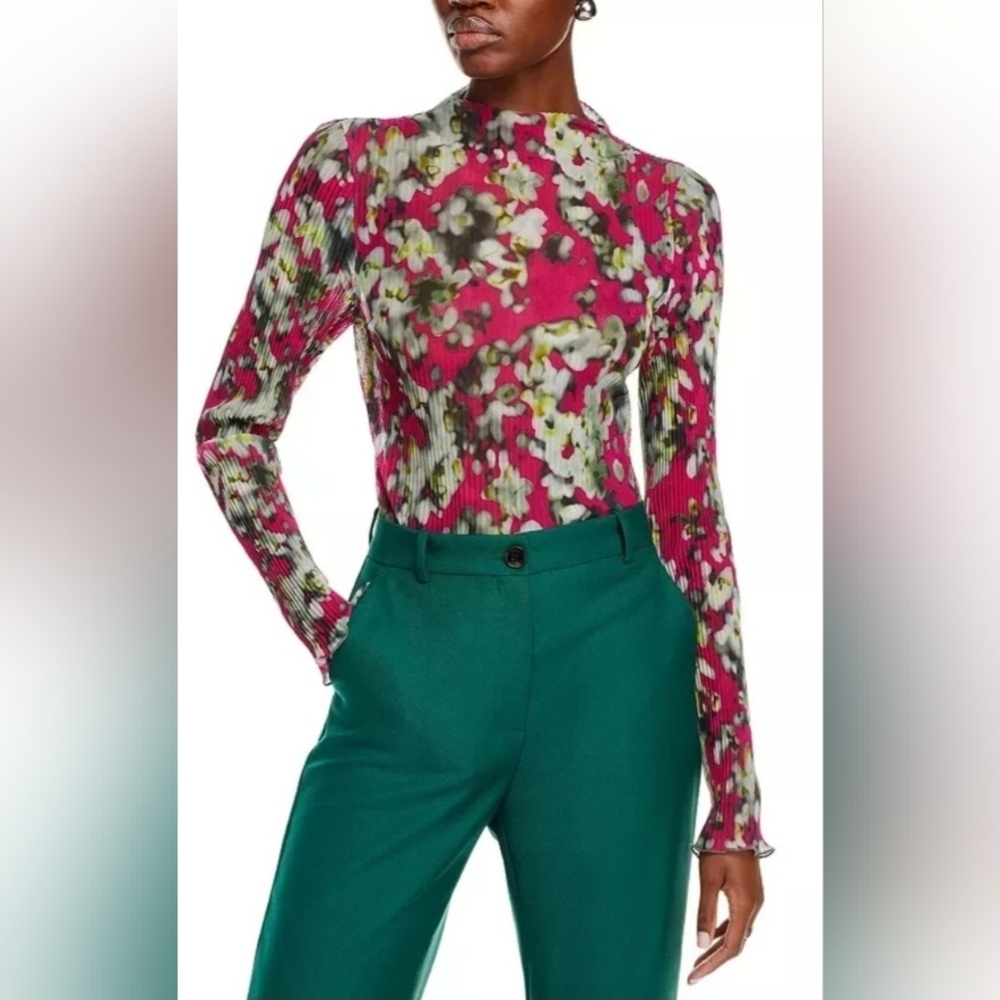 Boss Women’s NWOT Esami Pleated High Neck Stretchy Pink Floral L/s Top Sz Medium